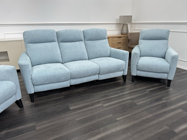 Furniture Village Petit Sky Blue Fabric Power Recliner 3+1+1 Seater Sofa Set5