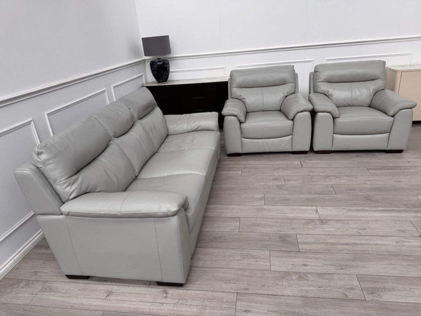 Furniture Village Grey Genuine Leather Sofa 3 Seater Sofa + 2x Armchairs Set1