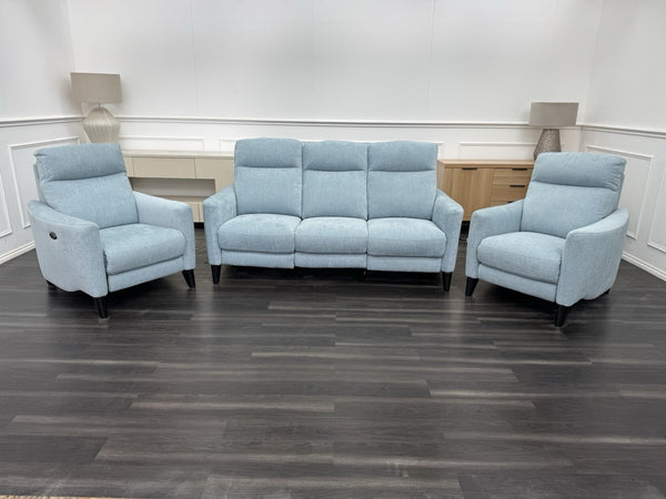 Furniture Village Petit Sky Blue Fabric Power Recliner 3+1+1 Seater Sofa Set1