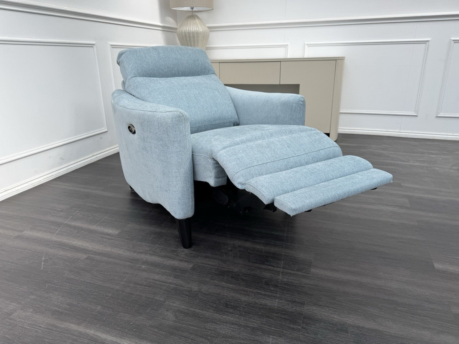 Furniture Village Petit Blue Herringbone Fabric Armchair Power Recliner0