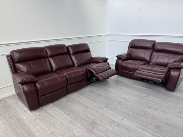 Furniture Village Moreno Power Recliner 3 + 2 Seater Sofa Set Burgundy Leather0