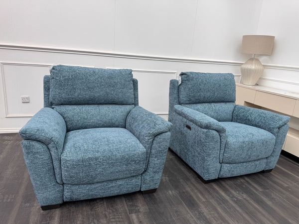 Furniture Village 2x Armchairs Power Recliner Blue Woven Fabric10