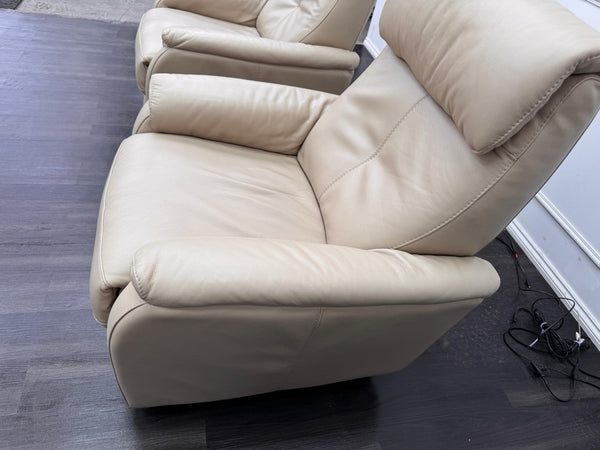 Furniture Village Rowen Beige Leather Pair Of Armchairs Power Recliner13
