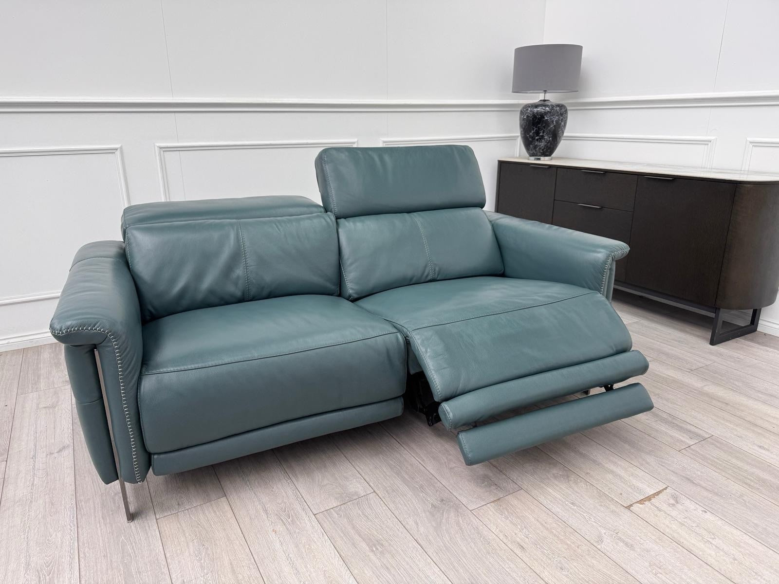 DFS Samantha Teal Genuine Leather 3 Seater Electric Power Recliner + Headrests0