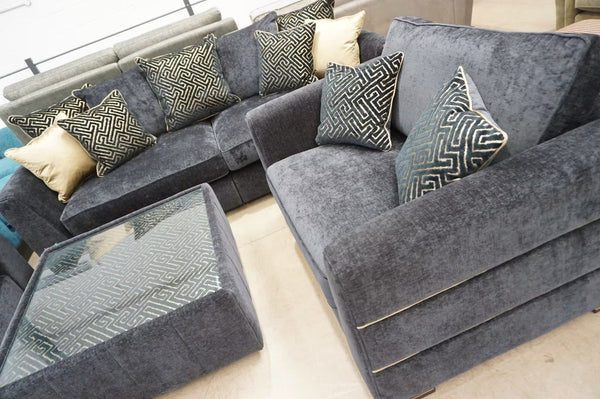 DFS black chenille fabric 4 & 3 seaters + Coffee Table + Snuggle Chair Sofa Set1