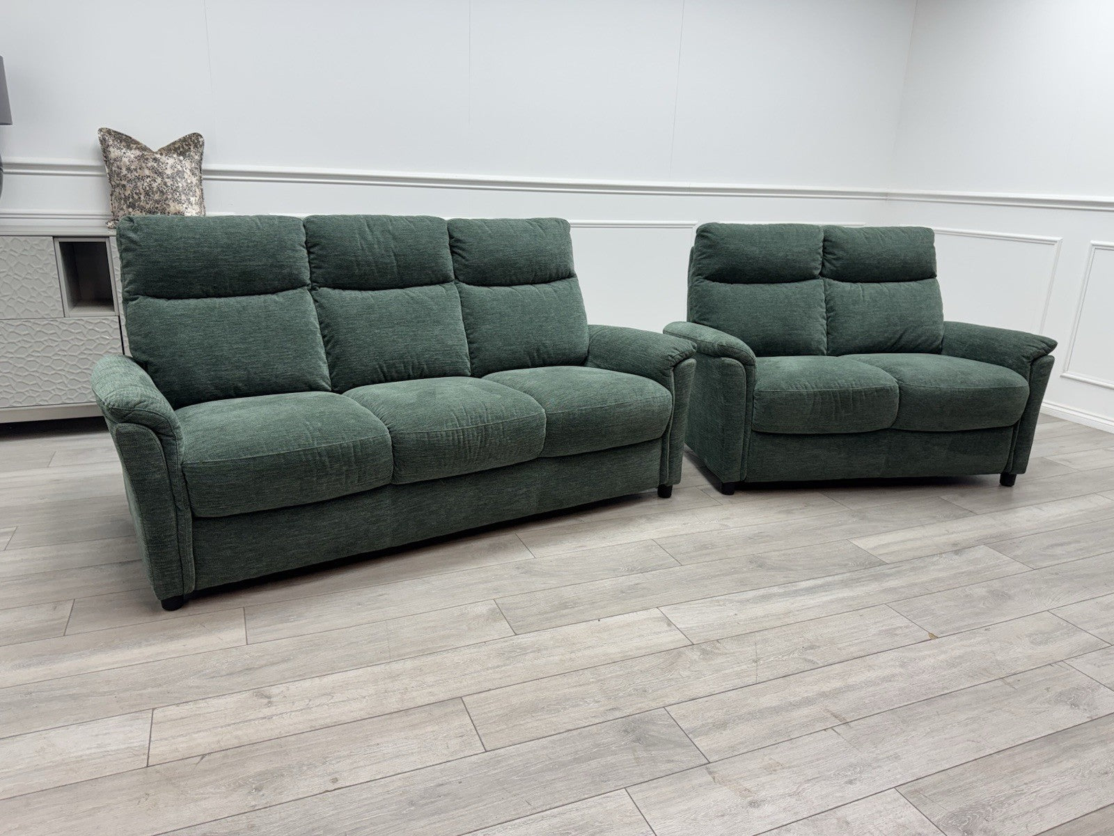 Furniture Village Piccolo Static 3 & 2 Seater Moss Green Fabric Sofa Set0