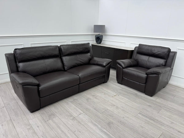 Brown Leather 3 Seater & Armchair Power Recliner Sofa Set