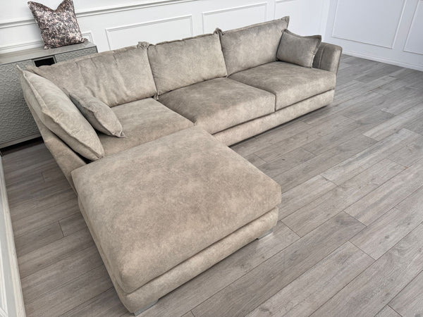 Devine Large 4 Seater Chaise Sofa Removable Footstool Beige Velvet