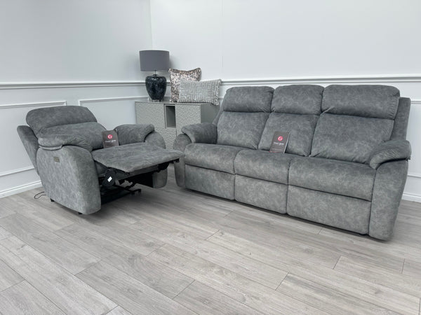 Kingsbury Grey Velour Static 3 Seater Sofa + Power Recliner Armchair