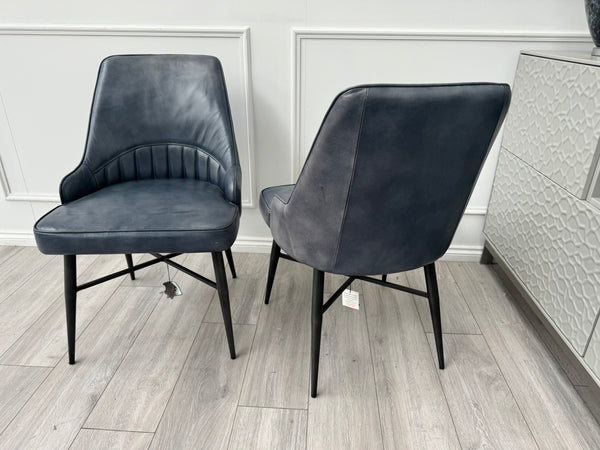 Val Pair of 2 Blue Genuine Leather Dining Chairs