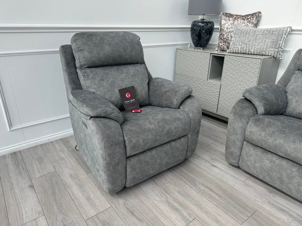 Kingsbury Grey Velour Static 3 Seater Sofa + Power Recliner Armchair