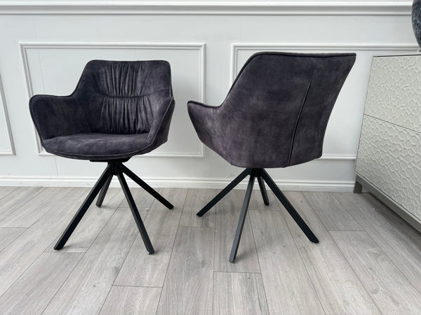 Marvel Pair of 2 Charcoal Velvet Swivel Dining Chairs