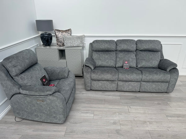 Kingsbury Grey Velour Static 3 Seater Sofa + Power Recliner Armchair