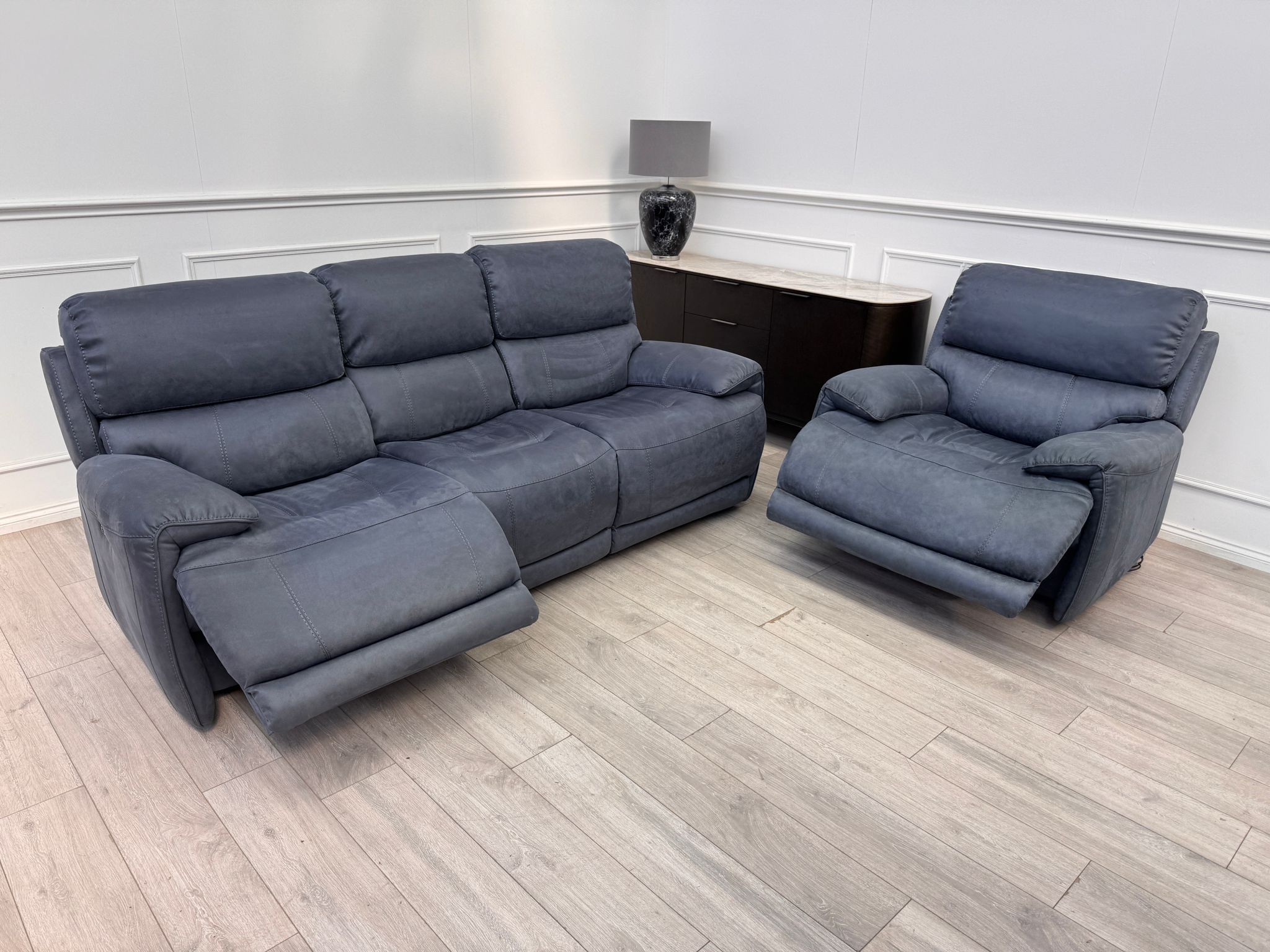 Link Saddle Fabric Blue 3 Seater & Armchair Power Recliner Sofa Set