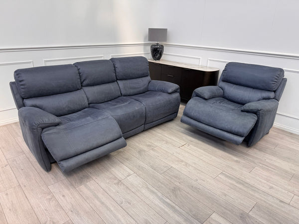 Link Saddle Fabric Blue 3 Seater & Armchair Power Recliner Sofa Set