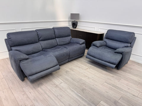 Link Saddle Fabric Blue 3 Seater & Armchair Power Recliner Sofa Set