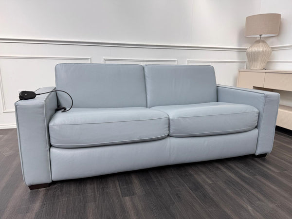 Stunning Italian Made Baby Blue Leather 3 Seater Electric Sofa Bed Including Mattress