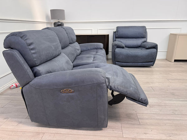 Link Saddle Fabric Blue 3 Seater & Armchair Power Recliner Sofa Set