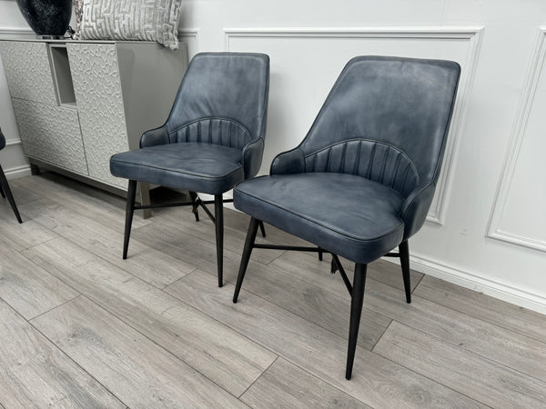 Val Pair of 2 Blue Genuine Leather Dining Chairs