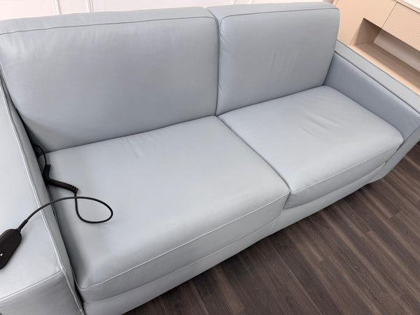 Stunning Italian Made Baby Blue Leather 3 Seater Electric Sofa Bed Including Mattress