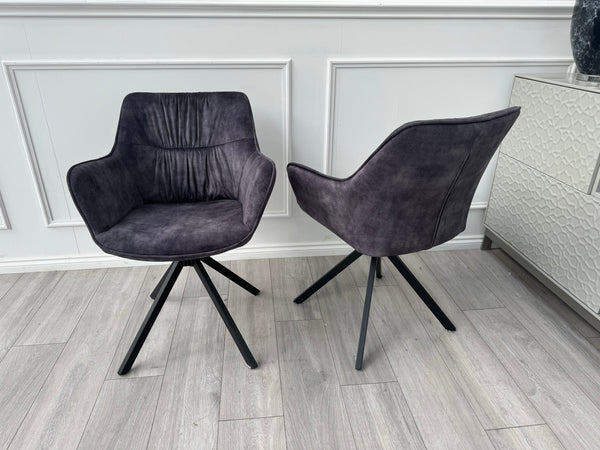 Marvel Pair of 2 Charcoal Velvet Swivel Dining Chairs