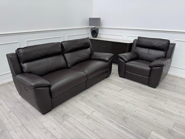 Brown Leather 3 Seater & Armchair Power Recliner Sofa Set