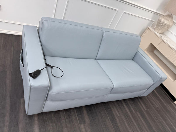 Stunning Italian Made Baby Blue Leather 3 Seater Electric Sofa Bed Including Mattress