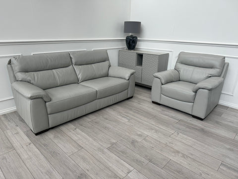 Furniture Village Light Grey Leather Sofa 3 Seater & Armchair Sofa Set