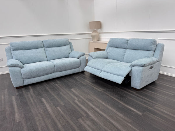 Starlight Light Blue Herringbone Fabric 3 & 2 Seater Power Recliner Sofa Set
