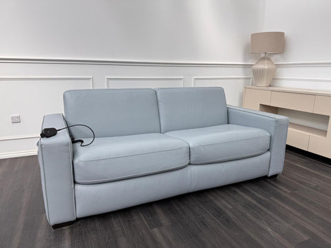 Stunning Italian Made Baby Blue Leather 3 Seater Electric Sofa Bed Including Mattress