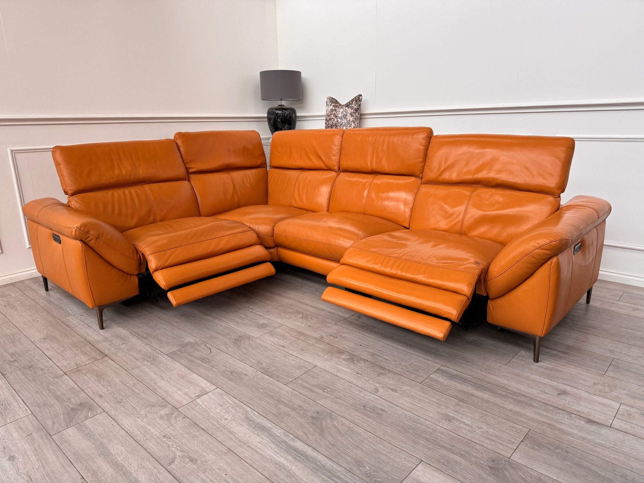 Galaxy Orange Tan Leather Corner Sofa Power Recliner/Headrests