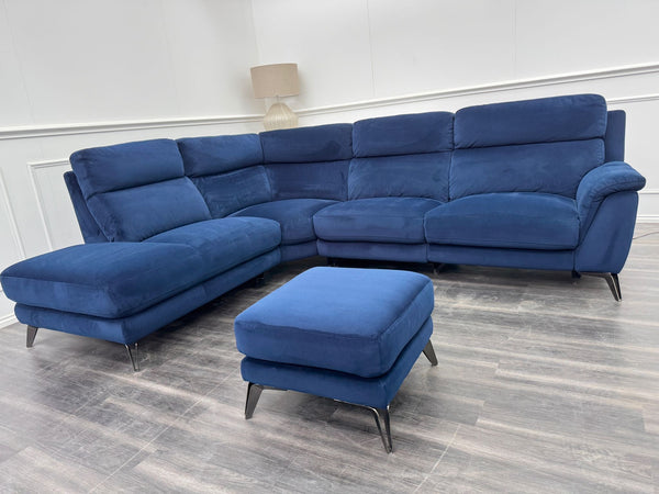 Contempo Navy Blue Fabric Chaise End Power Recliner Corner Sofa