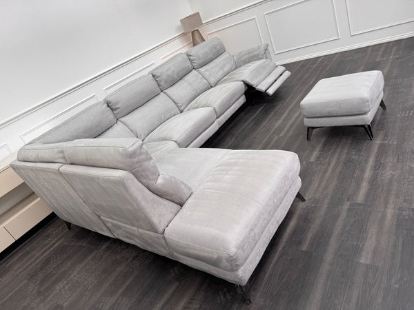 Contempo Grey Silver Saddle Fabric Chaise End Power Recliner Corner Sofa