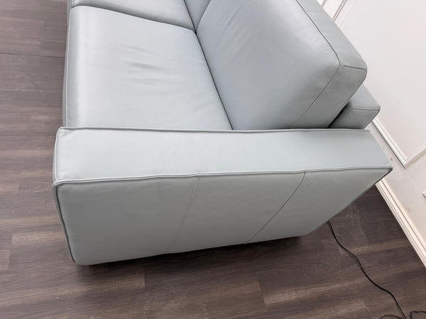 Stunning Italian Made Baby Blue Leather 3 Seater Electric Sofa Bed Including Mattress