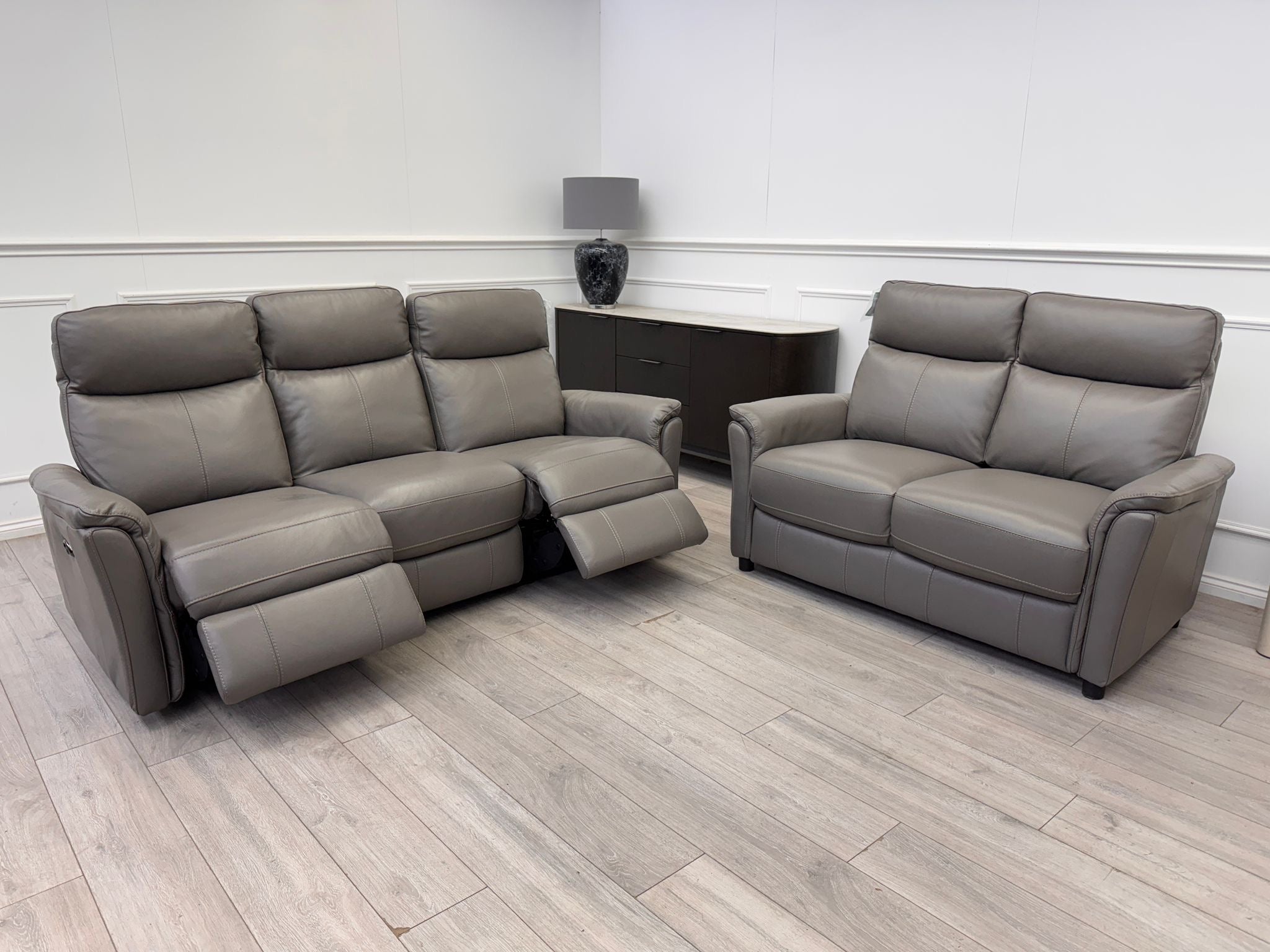 Piccolo Grey Leather 3 & 2 Seater Power Recliner Sofa Set