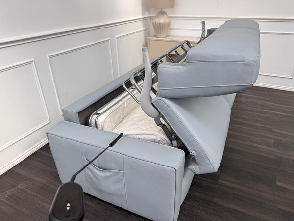 Stunning Italian Made Baby Blue Leather 3 Seater Electric Sofa Bed Including Mattress