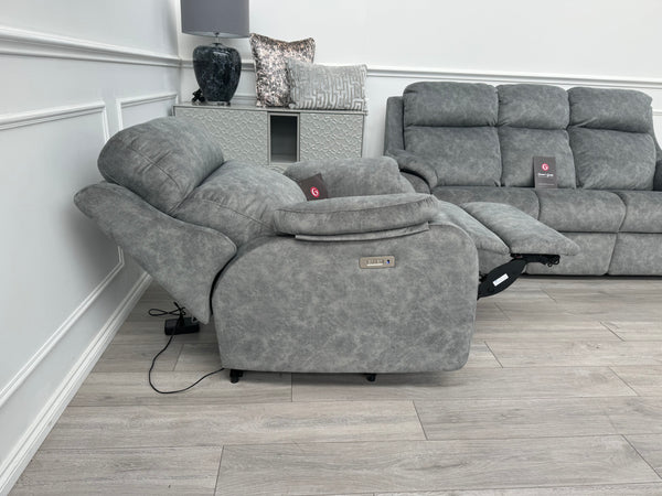 Kingsbury Grey Velour Static 3 Seater Sofa + Power Recliner Armchair