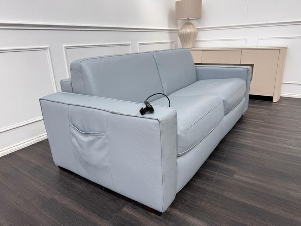 Stunning Italian Made Baby Blue Leather 3 Seater Electric Sofa Bed Including Mattress