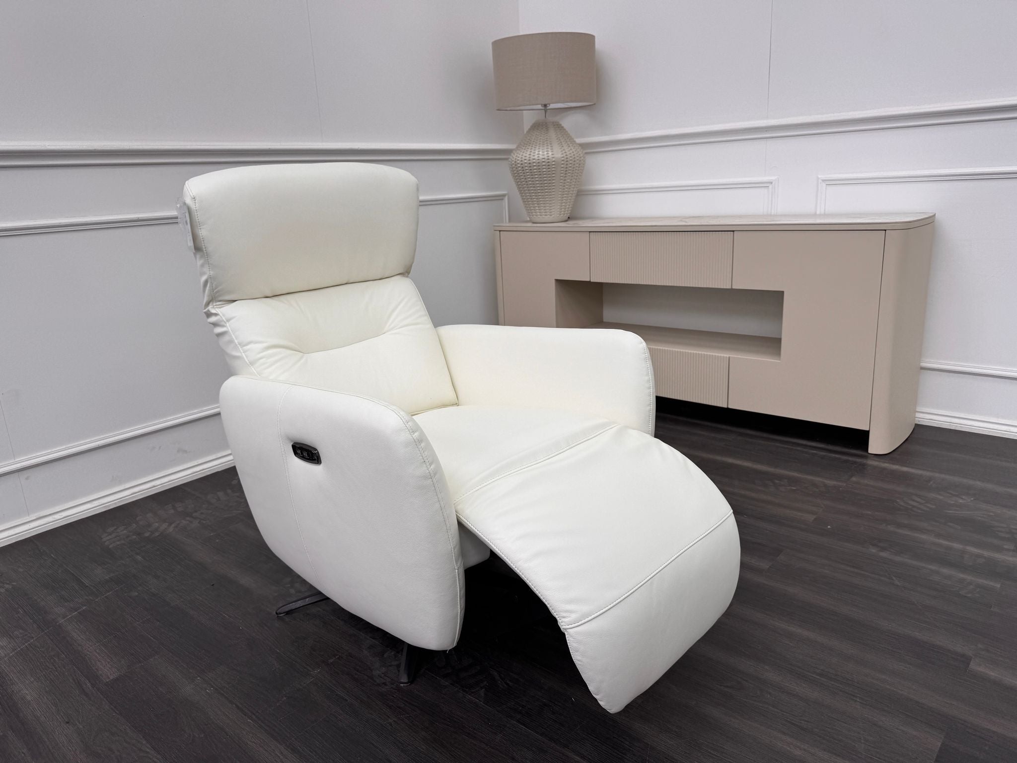 Le Mans White Leather Power Recliner TV Armchair