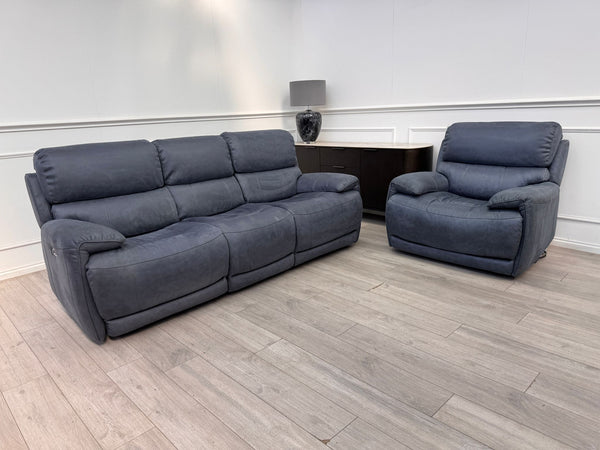 Link Saddle Fabric Blue 3 Seater & Armchair Power Recliner Sofa Set