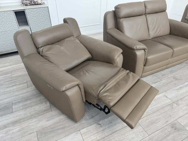 Nicoletti Lucano Dark Taupe 2 Seater Leather Sofa Set 2x Power Recliner Armchair
