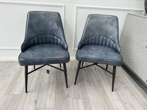 Val Pair of 2 Blue Genuine Leather Dining Chairs