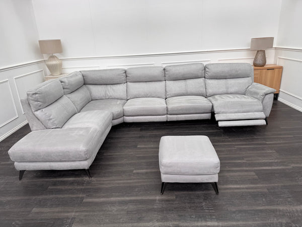 Contempo Grey Silver Saddle Fabric Chaise End Power Recliner Corner Sofa