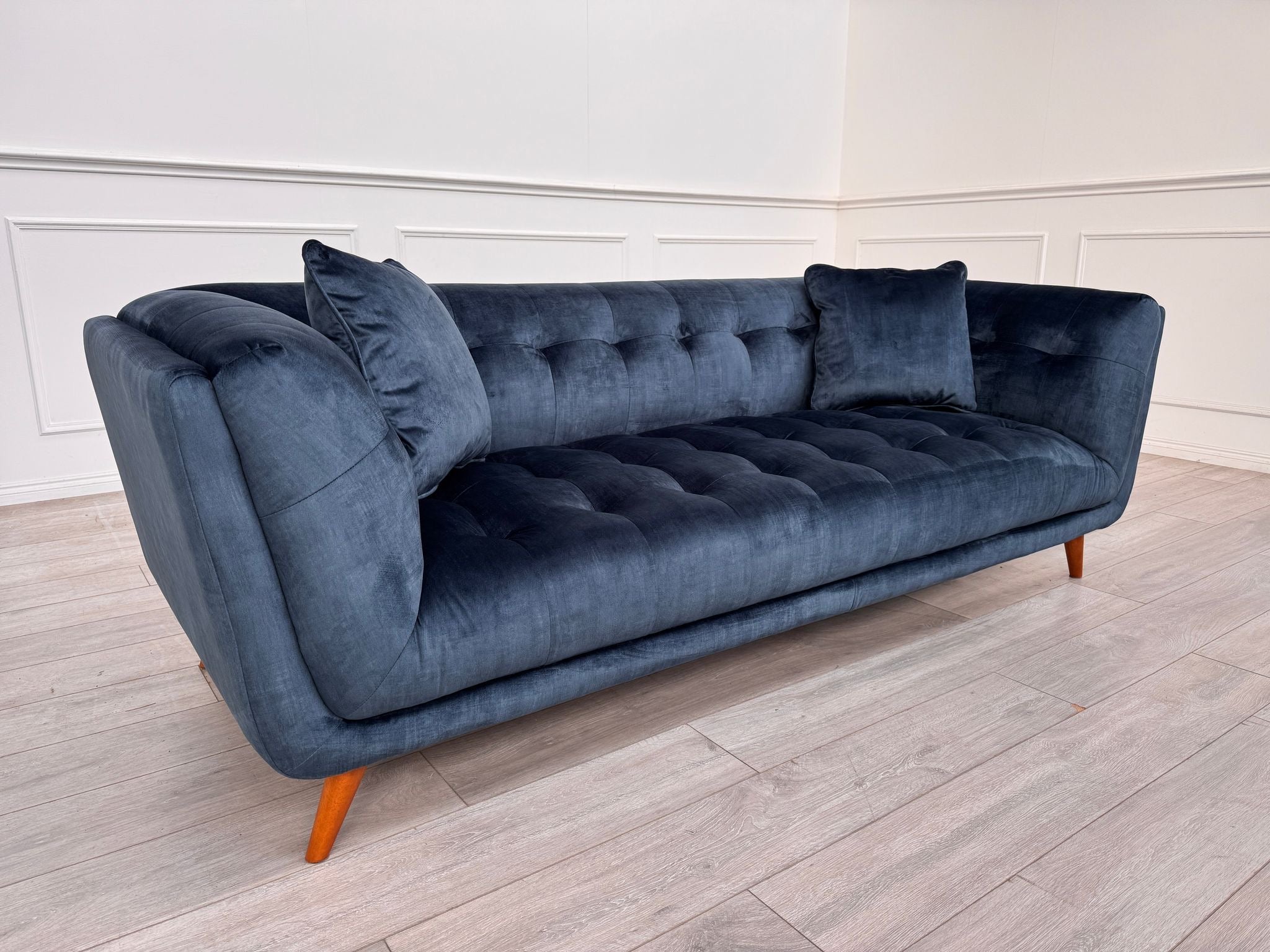 FURNITURE VILLAGE Rene Airforce Blue Velvet Large 3 Seater Sofa