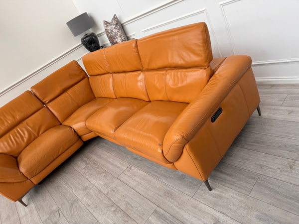 Galaxy Orange Tan Leather Corner Sofa Power Recliner/Headrests
