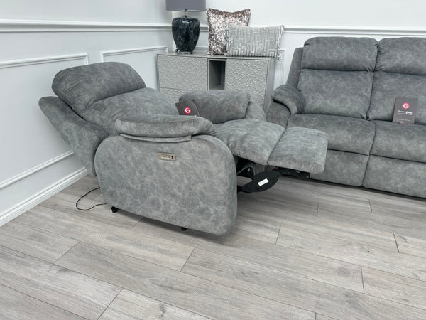 Kingsbury Grey Velour Static 3 Seater Sofa + Power Recliner Armchair