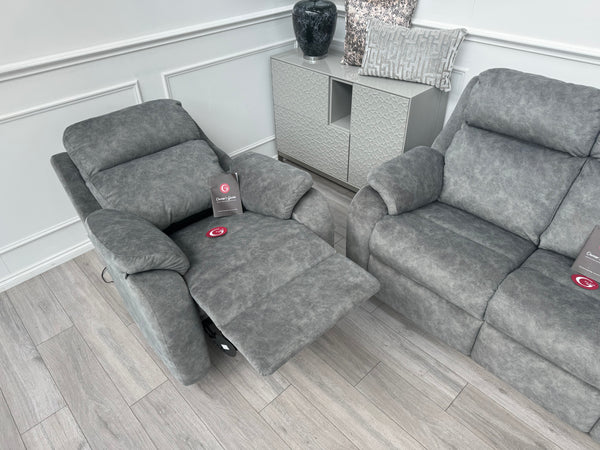 Kingsbury Grey Velour Static 3 Seater Sofa + Power Recliner Armchair