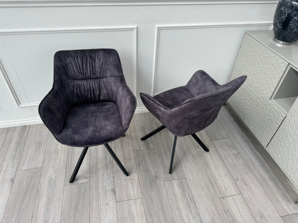 Marvel Pair of 2 Charcoal Velvet Swivel Dining Chairs