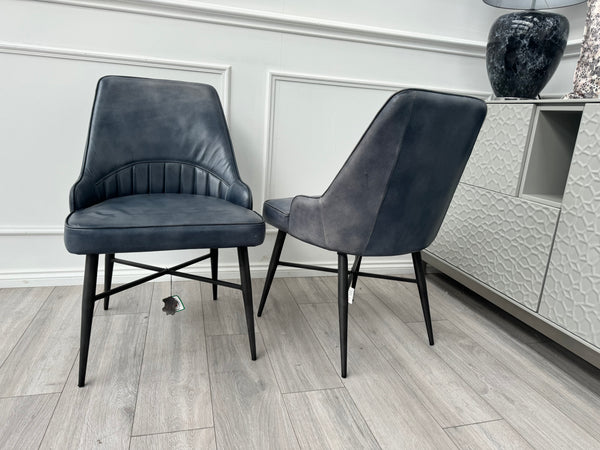 Val Pair of 2 Blue Genuine Leather Dining Chairs