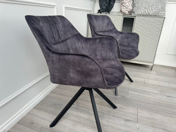 Marvel Pair of 2 Charcoal Velvet Swivel Dining Chairs